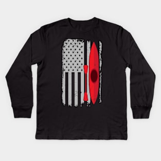 American Flag Kayak Distressed Outrigger Canoe Kids Long Sleeve T-Shirt